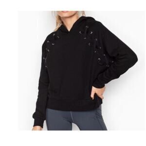 Victoria's Secret Black Hoodie size Large Baggy Fit Oversized Lace Up Shoulders